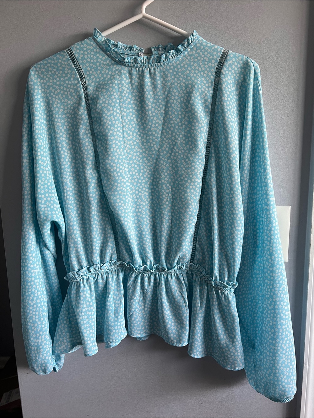 Nameless Sky Blue Ruffle Peplum Long-Sleeve Blouse